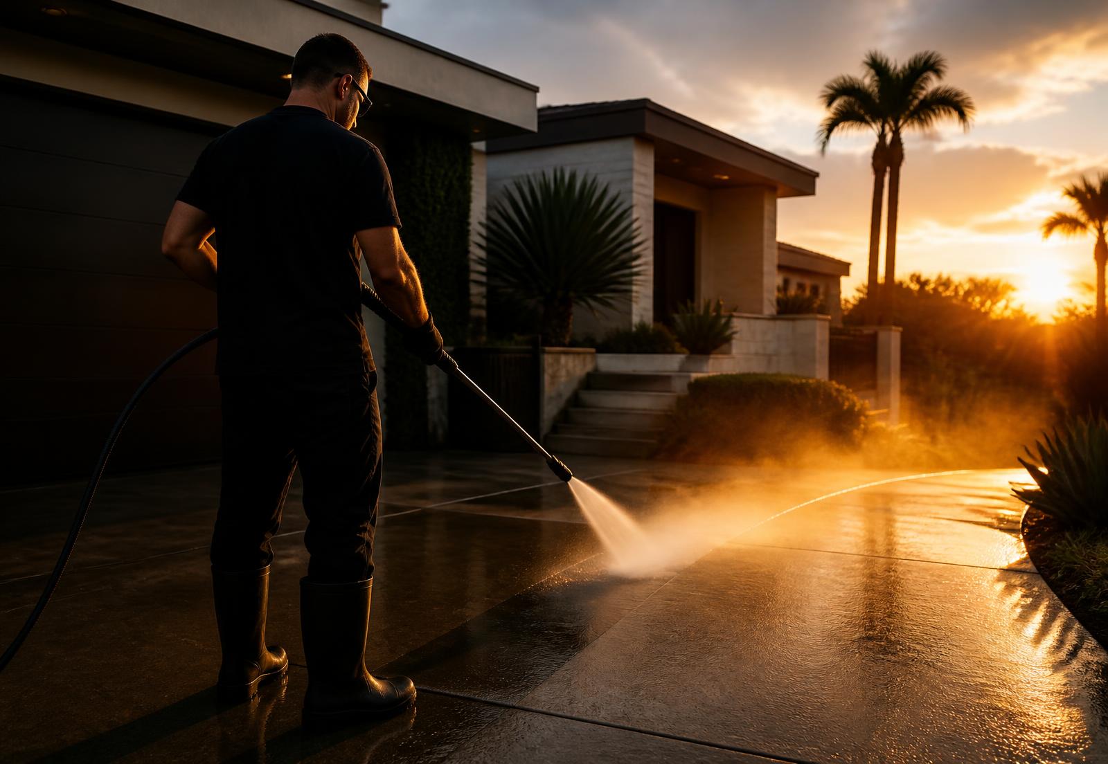 Prime Surface Cleaning technician pressure washing a concrete driveway at a Bakersfield home at sunset