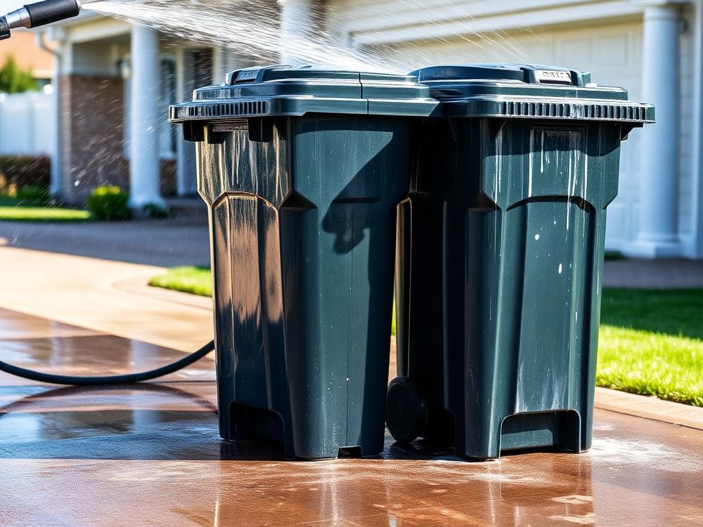 Residential trash bins being rinsed clean with high-pressure water on a driveway