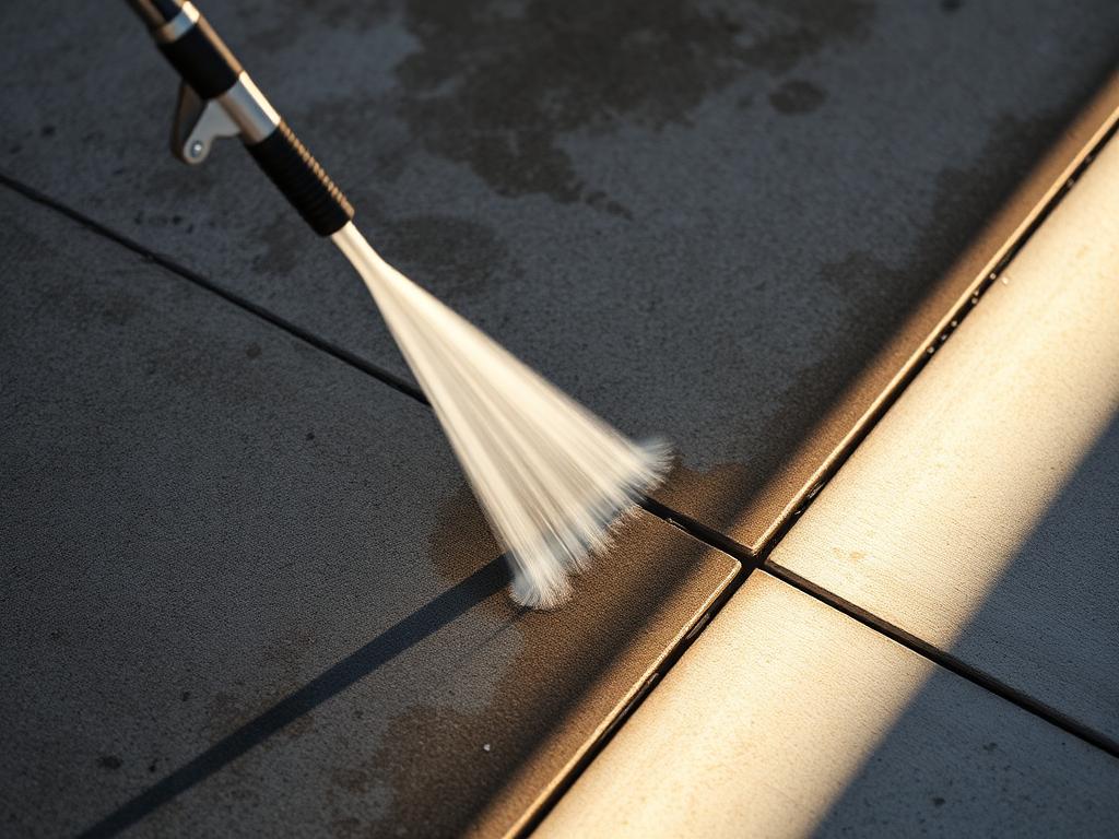 High-pressure water stripping grime from stained concrete, showing a sharp clean line