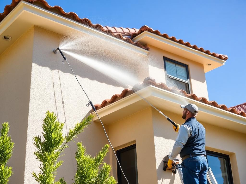 Technician soft washing the stucco exterior of a Bakersfield home