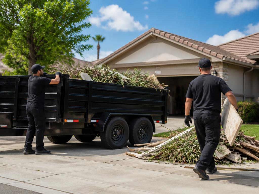 Crew loading yard debris and wood into a black dump trailer on a residential driveway