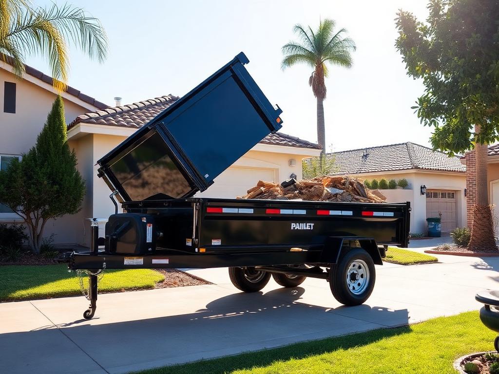 Black dump trailer parked on a residential driveway loaded with debris