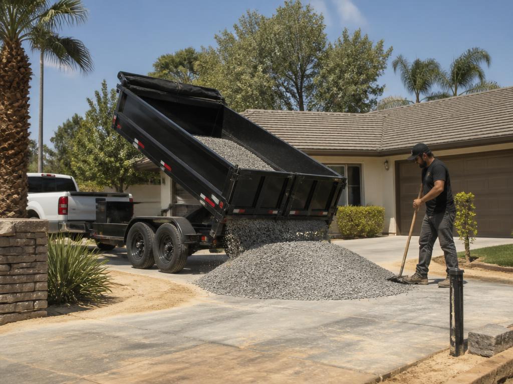 Black dump trailer delivering a neat pile of gravel to a residential driveway