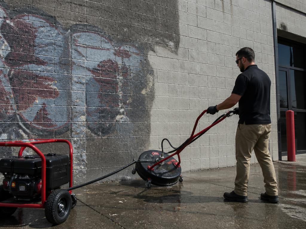 Pressure washing graffiti and paint off a commercial block wall with a clean restored line