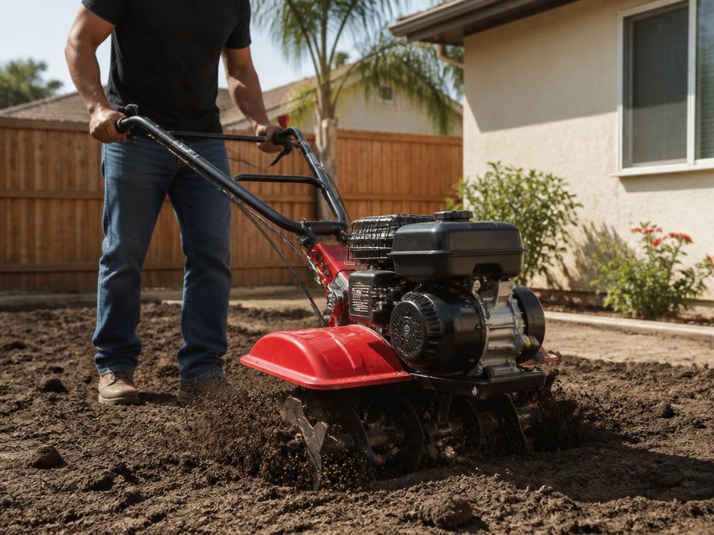 Red rear-tine tiller breaking up soil in a backyard garden bed